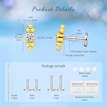 limerencia G23 Hypoallergenic 18g Flat Back Stud Earrings | F136 Implant Grade Titanium Pressfit Threadless Push Pop in Cartilage Helix Labret Lip Monroe Tragus Flat Back Piercing Studs - color: Deux Gold