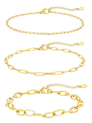 FaithHeart Waterproof Ankle Bracelets for Women, 1/2/3Pcs Non Tarnish Stainless Steel Layered Anklet Set Paperclip Figaro Cuban Link Chain Dainty Summer Beach Jewelry Gift Adjustable Size - style: d.Paperclip 3Pcs - Gold
