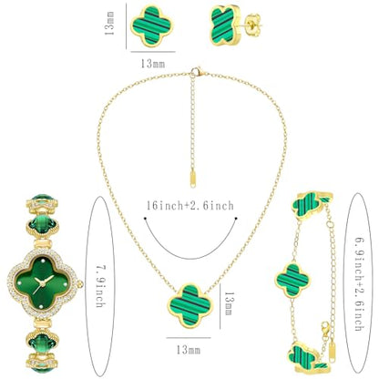 5 Pieces Lucky Clover Jewelry Set for Women Gold Jewelry Set 18K Gold Plated Flower Design Five Leaf Necklace Bracelet Ring Earrings for Women - color: Clover Green Watch