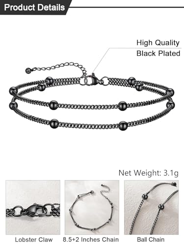 U7 Silver/Gold/Black Ankle Bracelets for Women Layered Chain Anklets | Stainless Steel Anklets Waterproof Summer Beach Anklet Charm, Adjustable 8.5"-10.5",Layered Anklet Fashion - color: Black - Layered Ball Chain