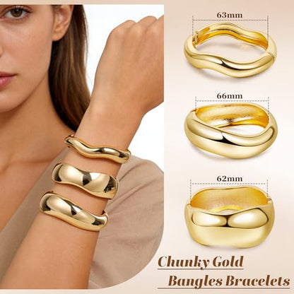 Chunky Gold Bangles Bracelets for Women, 14k Gold Plated Hinged Big Stackable Bangles Set, Trendy Wide Statement Cuff Bracelets Stack Fashion Jewelry Gifts - color: Gold-3pcs-Styles-1