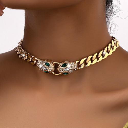 Punk Animal Snake Choker Necklace Hip Hop Rhinestone Snake head Cuban Link Chain Necklace Chunky Cuban Chain Crystal Jewelry for Women Gifts - color: Style A Gold