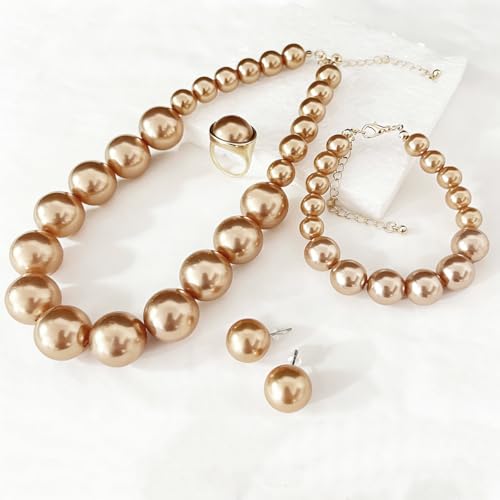 4 PCS Elegant Pearl Set Elegant Pearl Jewelry with Earrings, Pearl Choker Necklace, Bracelet and Ring, Bridal Jewelry Set for Wedding - color: Champagne