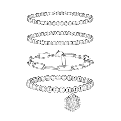 doubgood Gold Bracelets for Women, 14K Gold Plated Stackable Initial Beaded Bracelet with Letter Pendant Waterproof Stretch Trendy Stack Jewelry Set Gifts for Mom Christmas - color: W - Silver