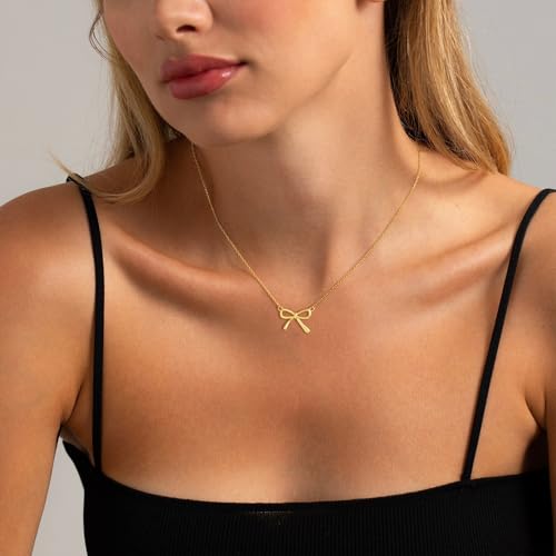 Thaivor Necklace for Women Dainty Bow Necklace 14K Gold Plated Cute Choker Small Pendant Charm Necklaces Teen Gift Trendy Stuff Personalized Jewelry Gifts - color: Gold-Cable-6