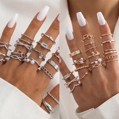42-Piece Gold Tone Stackable Ring Set for Women, Boho Minimalist Stacking Rings with Crystal & Heart Accents, Adjustable Open Band Jewelry for Daily Wear - style: TZY-003351-01