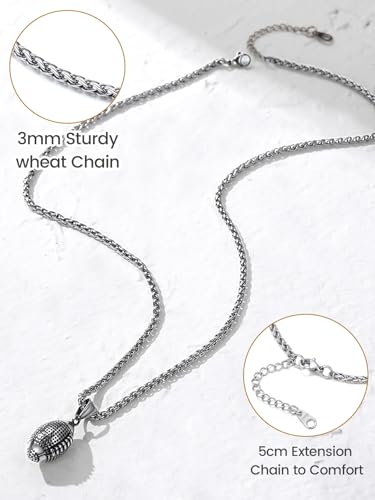 GOLDCHIC JEWELRY Sport Necklaces for Men Teen, Football Baseball Soccer Basketball Softball Necklaces with Stainless Steel Chain Athlete Jewelry Sports Fan Gift - color: American Football Pendant-Steel, style: NO Engraving