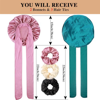 2+3 Large Satin Bonnets with Scrunchies for Women, Hair Bonnet Sleeping Tie Bonnet for Braids Curly Hair - color: F - Rose Gold, Teal