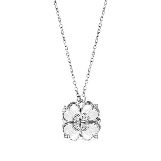 Four Leaf Clover Necklace Foldable for Women,Four Heart Grass Women's Necklaces Crocker,Retro Magnetic Folding Love Heart Pendant One Style,Two Wearing Methods - color: Silver