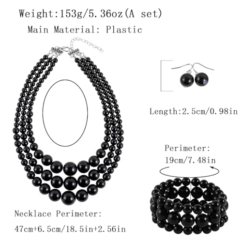 KOSMOS-LI Women's 3 Layer Simulated Pearl Statement 18" Necklace Bracelet and Earrings Jewelry Set Stocking Stuffers - color: Black