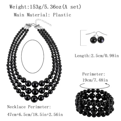 KOSMOS-LI Women's 3 Layer Simulated Pearl Statement 18" Necklace Bracelet and Earrings Jewelry Set Stocking Stuffers - color: Black