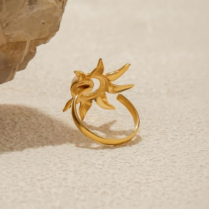 Sun and Moon Adjustable Ring for Women Stainless Steel Open Band Statement Ring Gold and Silver Celestial Jewelry Gift