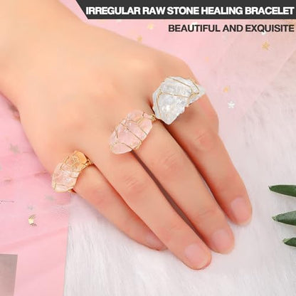 4 PCS Chakra Crystal Rings, Adjustable Wire Wound Healing Crystal Rings, Irregular Color Gemstone Statement Rings for Women