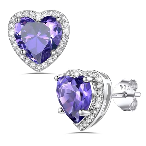 Bestyle Authentic 925 Sterling Silver 2 Carat Birthstone Earrings for Women, More Sparkle Heart/Round Solitaire Diamond Studs Earrings, Great Birthday/Christmas/Anniversary Jewelry for Wife Mother - color: 02. Feb. Amethyst-Heart