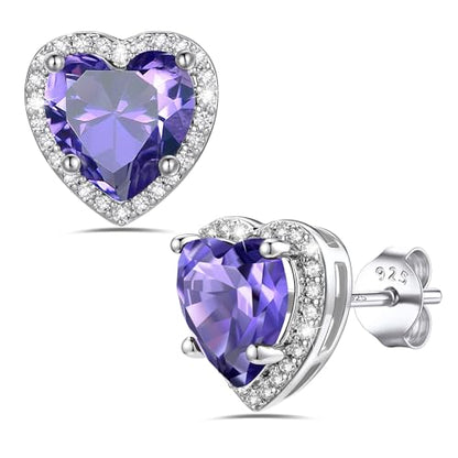 Bestyle Authentic 925 Sterling Silver 2 Carat Birthstone Earrings for Women, More Sparkle Heart/Round Solitaire Diamond Studs Earrings, Great Birthday/Christmas/Anniversary Jewelry for Wife Mother - color: 02. Feb. Amethyst-Heart