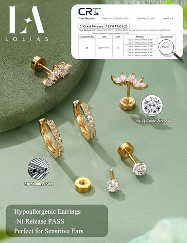LOLIAS Flat Back Earrings for Women,20G Conch Tragus Helix Piercing Jewelry | Hypoallergenic Cartilage Earring Stacks,Surgical Stainless Steel Earrings for Sensitive Ears,Flatback Stud,Hoop,Earring Set - color: 14K Gold Plated