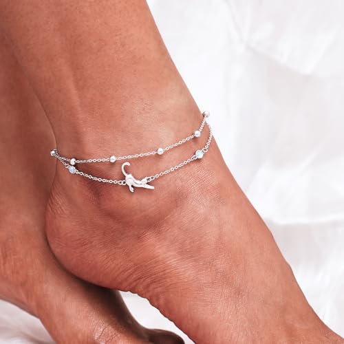CHIC & ARTSY 925 Sterling Silver Ankle Bracelets for Women, Adjustable Layered Foot Chains with Nature & Symbol Charms, Lightweight Comfort Fit Boho Beach Everyday Jewelry - color: # Cat Anklet