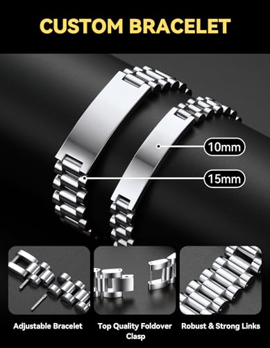 ChainsHouse Men Stainless Steel Bracelet Adjustable Custom ID Engraved Gift | Personalized Silver/Gold/Black for Birthday Father Husband Boyfriend with Gift Box Adjustable Tool 10mm/15mm/15.5mm 8.3"/8.7" - color: C.15mm Width-Silver-No Custom