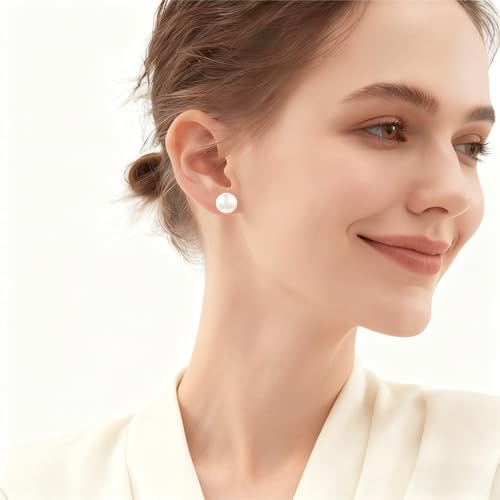 White Faux Pearl Stud Earrings, S925 Silver Posts Hypoallergenic for Women - color: White, size: 12mm