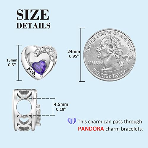 SEVENWELL Jan-Dec Birthstone Charms for Pandora Bracelets, Heart Charm | Fits Most European Charm Bracelets, Sparkling Heart CZ, Birth Flower Engraved, Gift Ready, Nickel-Free - color: February Birthstone Charm