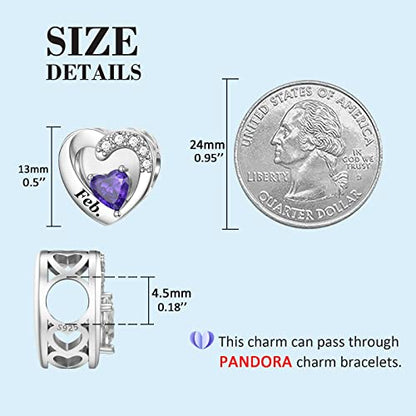 SEVENWELL Jan-Dec Birthstone Charms for Pandora Bracelets, Heart Charm | Fits Most European Charm Bracelets, Sparkling Heart CZ, Birth Flower Engraved, Gift Ready, Nickel-Free - color: February Birthstone Charm