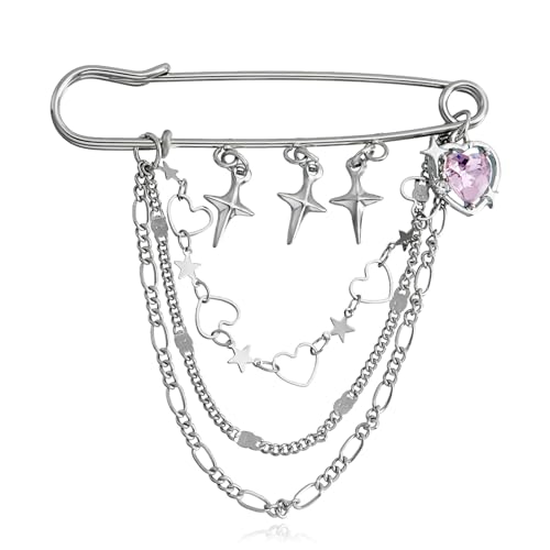 Punk Gold Silver Star Moon Tassel Chain Brooch,Vintage Crystal Moon Star Collar Pins Cubic Zirconia Sweater Shawl Clips Collar Brooch for Women - color: S+S