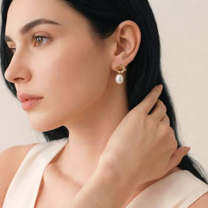 Pearl Earrings VeroSteel Dangle Earrings for Women, Dainty 14k Gold Huggie Hoop Earrings with Pearls, Trendy Pearl Drop Earrings, Stainless Steel Hypoallergenic Stud Earrings For Sensitive Ears - style: Cute Knot B