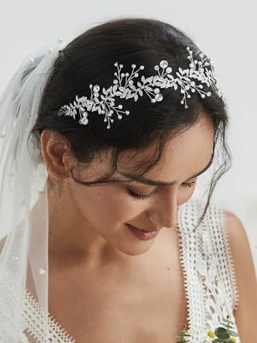 SWEETV Bridal Headpiece Silver Wedding Headband for Brides Hair Accessories | Pearl Hair Vine Rhinestone Hair Accessories for Women Bridal Headband, Wedding Hair Accessories Wedding Headbands for Brides