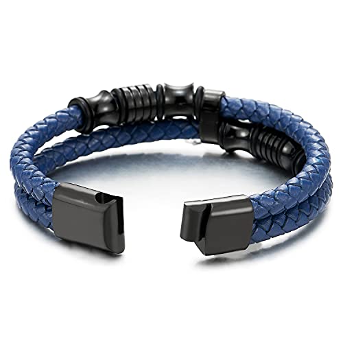 COOLSTEELANDBEYOND Mens Double-Row Braided Leather Bracelet Bangle Wristband with Black Stainless Steel Ornaments - color: L-Blue