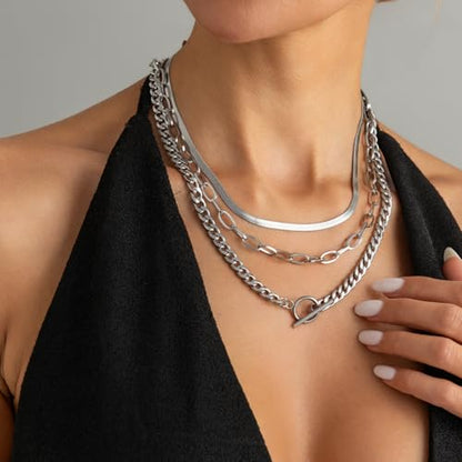 Layered Silver Chain Necklace for Women Chunky Stainless Steel Chains Necklaces Trendy Cuban Link Paperclip Chain Toggle Clasp Choker Necklace Stack Set Jewelry - color: Silver