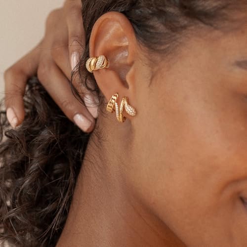 Women Ear Cuff Earrings Gold Non Pierced Cartilage Clip on Open Wrap Twist Hoop 14K Gold Plated Simple Hypoallergenic Everyday Jewelry - style: Station