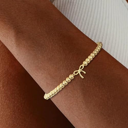 Gold Jewelry Set for Women Bow Necklace Bracelet Earrings Bowknot Jewelry | Small Bow Pendant Dainty Choker Necklaces 14K Gold Plated Beaded Stretch Bracelet Charm Christmas Thanksgiving Gifts
