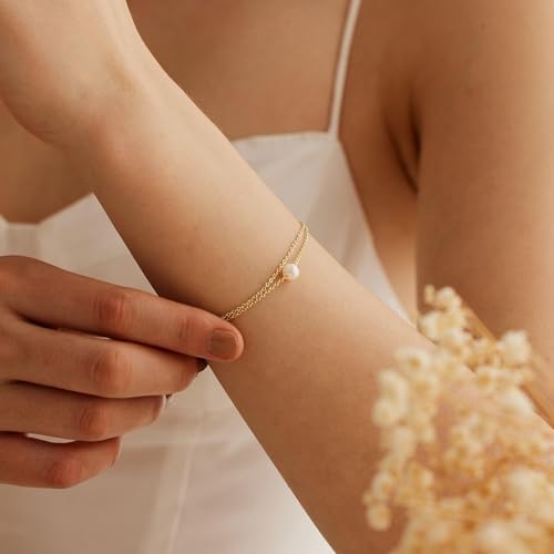 SLOONG 14K Gold Plated Pearl Bracelets for Women Trendy | Dainty Stackable Layered Chain Bridesmaid Bracelets, Waterproof Wedding Jewelry for Women Adjustable 6"+2" - color: Style1(Pearl)