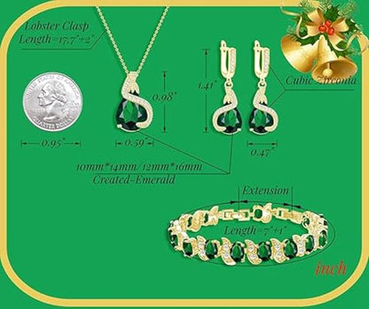 GZWHD Jewelry Set for Women Water Drop Cubic Zirconia Artificial Crystal Earrings Pendant Necklace Open Ring Tennis Bracelet Wedding Anniversary Birthday Engagement Gift for Bridesmaid Wife Girlfriend Friend - color: Gold-Green-No Ring