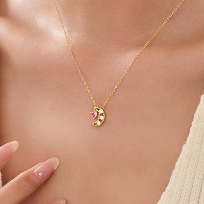 925 Sterling Silver Dainty Crescent Moon Necklace for Women | 14K Gold Plated White Cubic Zirconia Moon and Star Pendant Choker Necklace to Daughter Mother Trendy Wedding Jewelry Gifts - color: Gold D
