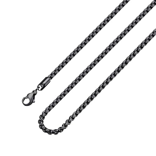 Square Rolo Chain Necklace Stainless Steel Round Box Necklace for Men Women/2mm-7mm/16Inch-36Inch - color: Stainless Steel-Black, size: 22 Inches, style: 2 mm width