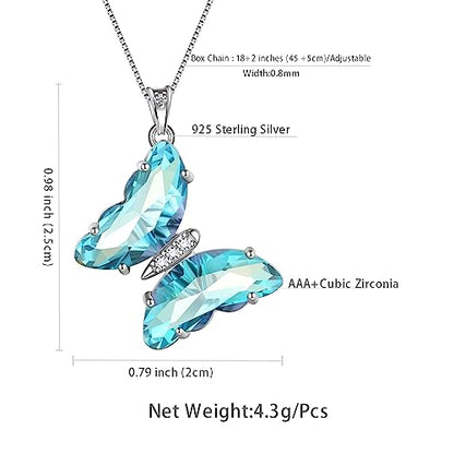 Aurora Tears Butterfly Necklace Earrings Ring Bracelet - Women 925 Sterling Silver Animal Butterflies Birthstone Pendant Crystal Wedding Birthday Jewelry - color: pendant-C.March-light blue