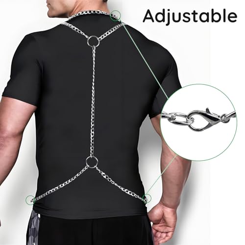 Men's Chest Belt Chain Costume Fashion Festival Outfit | Male Goth Shirt Shoulder Belt Mens Rave Outfit for Festival Party Rave Halloween Cosplay - color: Silver