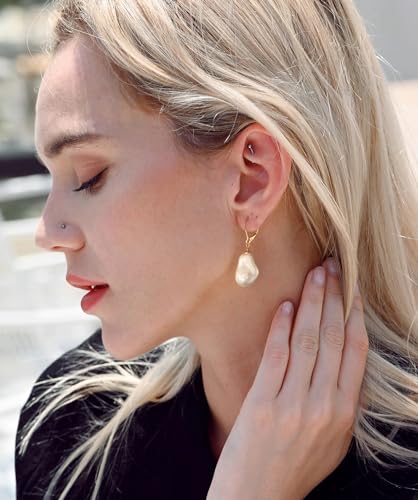 Handpicked White Pearl Earrings 18k Gold Plated Leverback Dangle Stud Pearl Earrings Jewelry for Women - style: Baroque Pearl