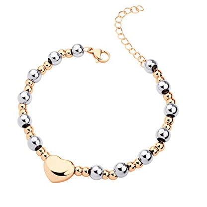 555Jewelry Stainless Steel Beads & Puffed Heart Charm Bracelet for Women & Ladies - color: Silver/Rose Gold