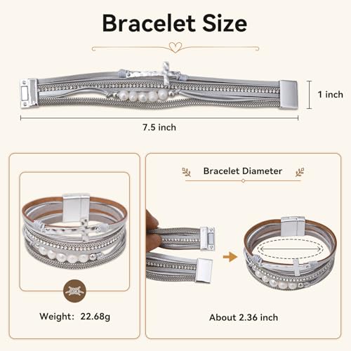 Vercret Leather Wrap Bracelet for Women, Multi-Layer Cuff Bangle | Boho Stacked Bracelets with Safe Clasp Western Bangle Jewelry Gift for Lady and Mom Sister Friend - style: Sliver
