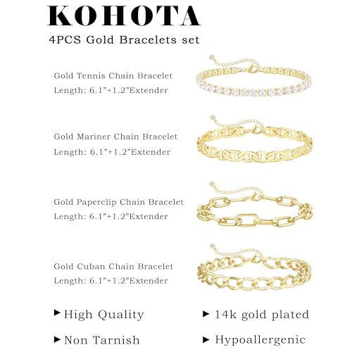 KOHOTA Chunky Gold Bracelets for Women Non Tarnish 14K Gold Plated Cuff Bracelet Stack Trendy Love Bangle Bracelets Stackable Tennis Bracelet Set Tie Knot Cuban Paperclip Figaro Chain Jewelry Gifts - color: C.Tennis bracelets