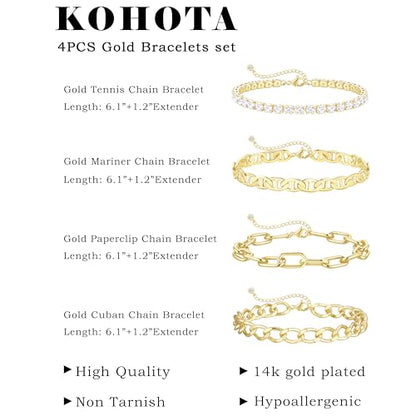 KOHOTA Chunky Gold Bracelets for Women Non Tarnish 14K Gold Plated Cuff Bracelet Stack Trendy Love Bangle Bracelets Stackable Tennis Bracelet Set Tie Knot Cuban Paperclip Figaro Chain Jewelry Gifts - color: C.Tennis bracelets