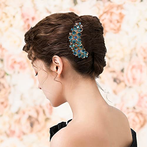 Women Rhinestone Inlaid Flower Hair Comb Hairpin Barrette Accessory,Also Perfect Mother's Day Gifts for Mom (Blue) - color: Blue