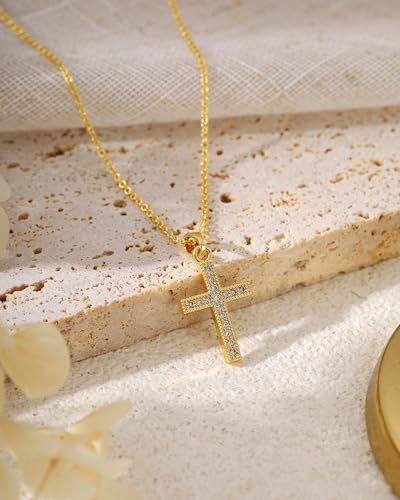 Cross Necklace for Women, 14K Gold Plated Cubic Zirconia Cross Pendant Necklace, Trendy Christian Jewelry Gifts for Baptism First Communion Christmas - color: Style J - Gold