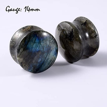 Pair Labradorite Stone Ear Flesh Tunnel Plugs Double Flared Plug Glow Stone Ear Gauges Expander - style: One Pair,9/16''(14mm)
