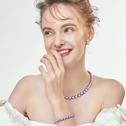 Pearl Necklaces for Women,8mm Pearl Necklace and Earring Bracelet Jewelry Set for Women Men Wedding Birthday Valentine Christmas Day Gifts - color: Purple