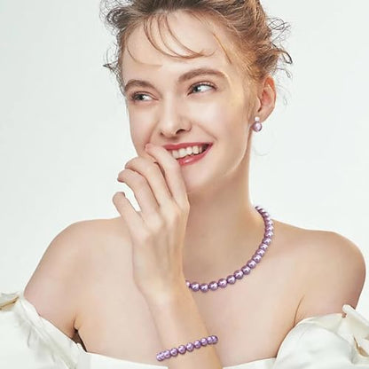 Pearl Necklaces for Women,8mm Pearl Necklace and Earring Bracelet Jewelry Set for Women Men Wedding Birthday Valentine Christmas Day Gifts - color: Purple