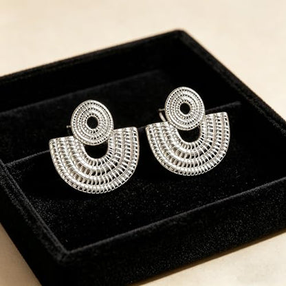 Gold Statement Earrings For Women, 14K Gold Plated Textured Geometric Drop Earrings - Hypoallergenic Stainless Steel Statement Earrings for Women, Waterproof Fan-Shaped Dangle Earrings for Beach & Daily Wear - color: Fan Silver DKE252046S