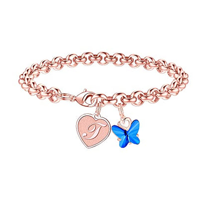 IEFWELL Initial Bracelets for Girls, Butterfly Letter A-Z Bracelets Jewelry | Silver Plated, Heart Initial Bracelets for Girls, Crystal Butterfly Bracelets, Teen Girl Gift Trendy, Jewelry Birthday Gift - color: Rose Gold Plated-T